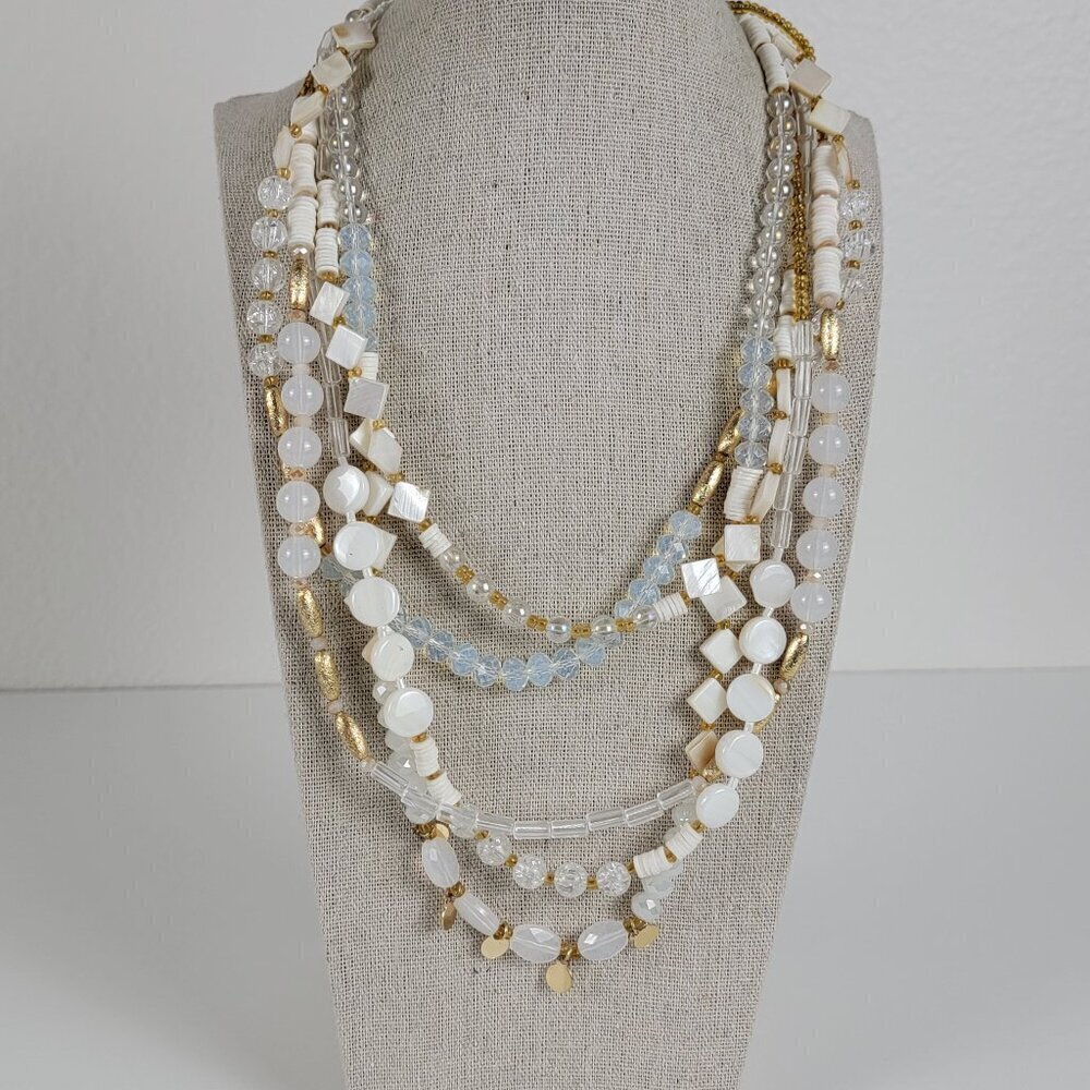 White And Gold Mother Of Pearl Glass Beaded Layered Necklace 21" Lobstert Clasp